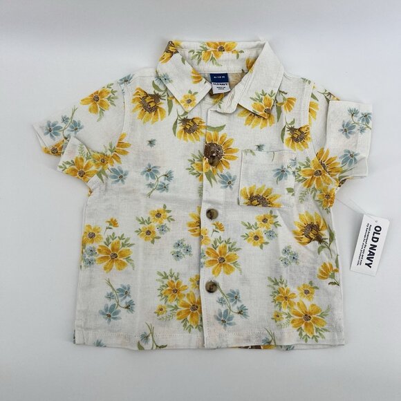 Old Navy Toddler Boys Linen Blend Shirt Short Sleeve Floral Print Sunflower 3T - Picture 6 of 7
